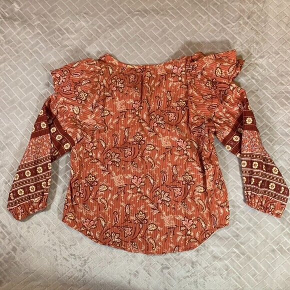 Loft Womens Small Blouse Gauzy Long Ruffle Sleeve Floral Geometric Boho Festival - Picture 10 of 10